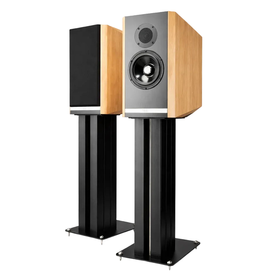 Kudos Titan 505 Loudspeakers on stands in Natural Oak