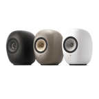 KEF LS LUXE  Premium Wireless Loudspeaker System - showing the 3 available finishes, Eclipse Black,  Dusk Titanium and Mineral White 