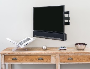Flexson Cantilever TV Mount for Sonos PLAYBAR, shown here with TV and PLAYBAR mounted to the bracket. 