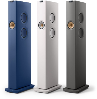KEF LS60 Wireless Finishes - (Left to right): Royal Blue, Mineral White, Titanium Grey