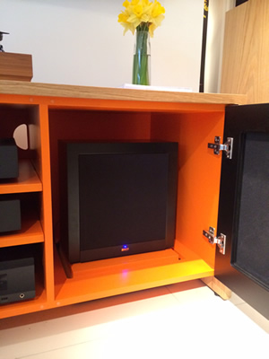 Audio Cabinet Tamzin 2 Bay equipment cupboard showing Subwoofer Cutout. We often use the KEF T2 Subwoofer as this is a front-firing model and fits perfectly inside this unit.