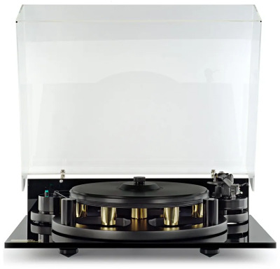 Michell GyroDec Turntable (Black) with hinged clear acrylic lid to protect the turntable from dust and damage. The hinges are made in two parts that allow the lid to be easily removed if required.