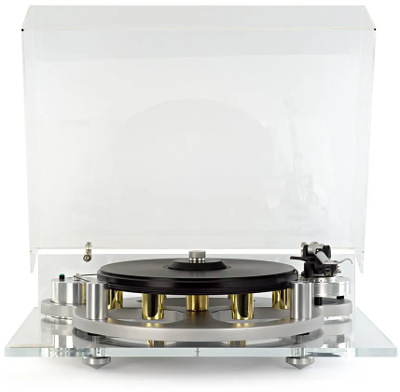 Michell GyroDec Turntable (Silver) with hinged clear acrylic lid to protect the turntable from dust and damage. The hinges are made in two parts that allow the lid to be easily removed if required.