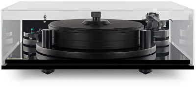 Michell Orbe Turntable (Black) with a hinged clear acrylic lid to protect the turntable from dust and damage. The hinges are made in two parts that allow the lid to be easily removed if required.