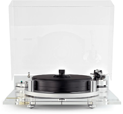Michell Orbe Turntable (Silver) with a hinged clear acrylic lid to protect the turntable from dust and damage. The hinges are made in two parts that allow the lid to be easily removed if required.