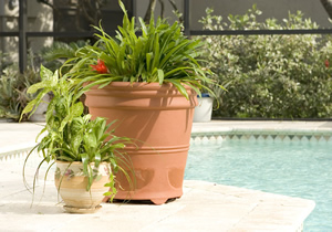 Niles PS6SI Weatherproof Outdoor Planter Loudspeaker in Terracotta filled with plants