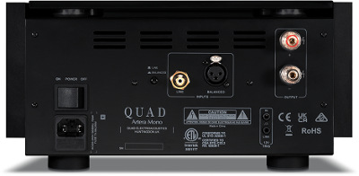 Quad Artera Mono Power Amplifier - Rear connections showing RCA (line) and XLR (Balanced) inputs, input switch, speaker terminals, 12v triggers and IEC mains input.  