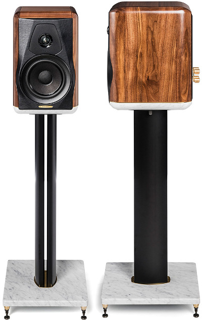 Sonus Faber Electa Amator III Loudspeakers on White Marble base Carrara Stands